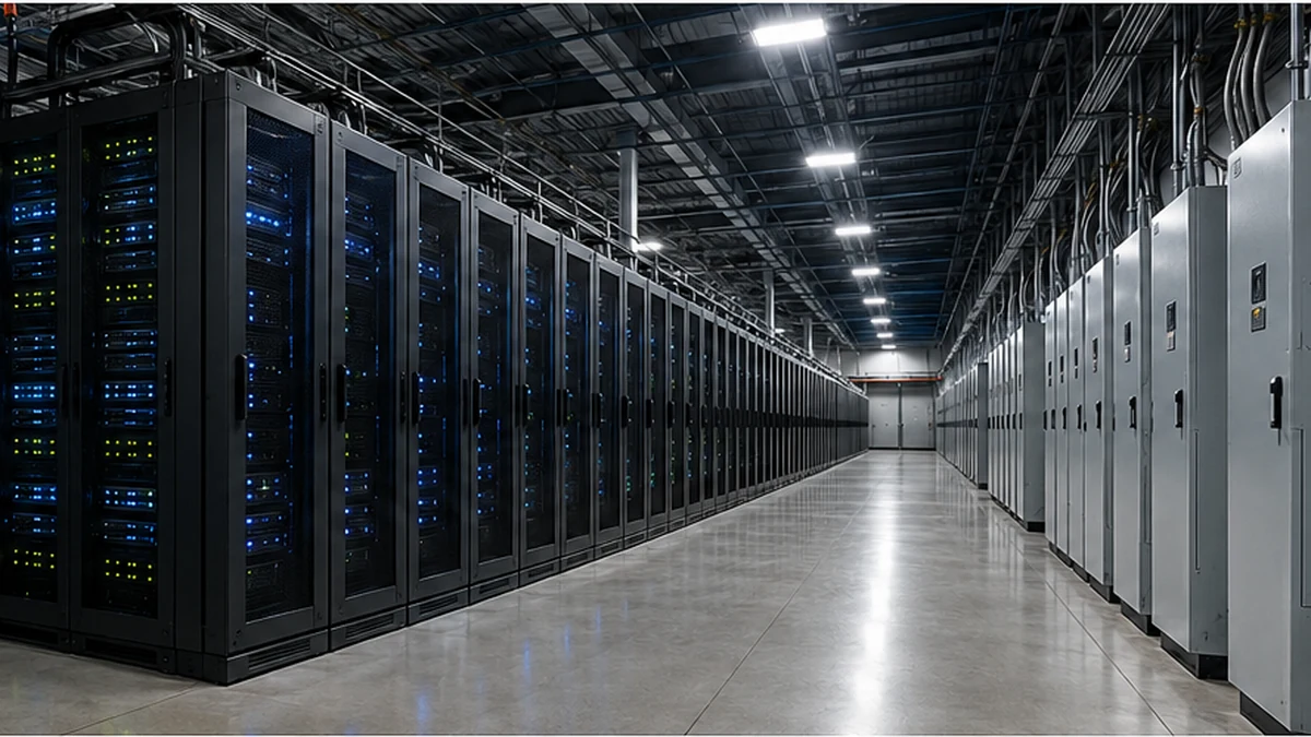 Rows of server racks inside a high-density data center.