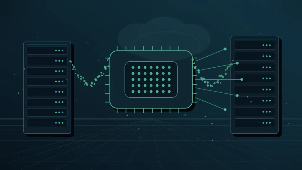 Illustration of AI inference servers connected to a central GPU compute processor.