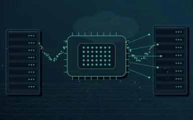 Illustration of AI inference servers connected to a central GPU compute processor.