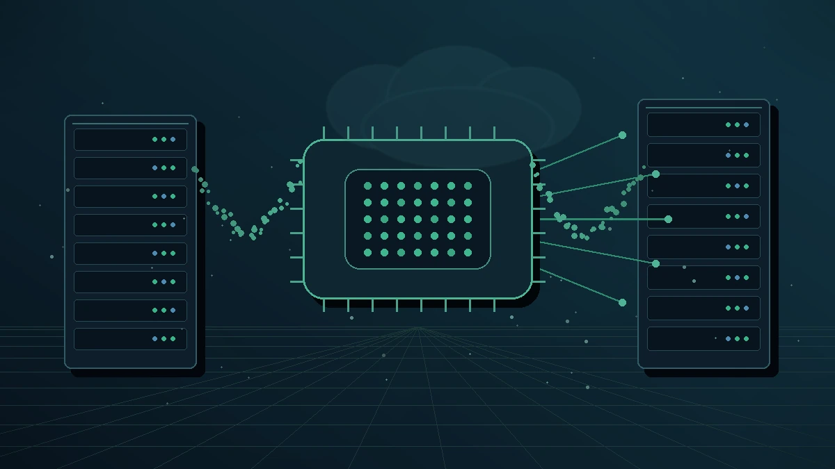 Illustration of AI inference servers connected to a central GPU compute processor.