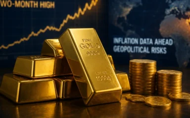 Illustration of stacked gold bars and coins with a market chart and global risk backdrop.
