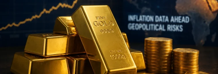 Illustration of stacked gold bars and coins with a market chart and global risk backdrop.