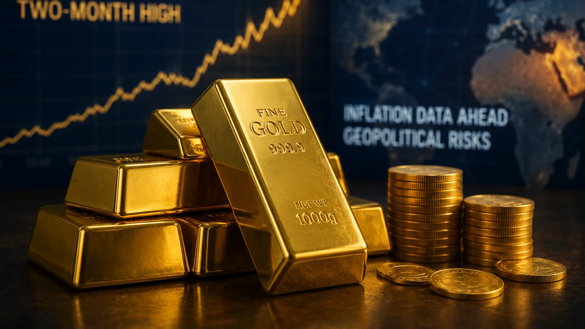 Illustration of stacked gold bars and coins with a market chart and global risk backdrop.