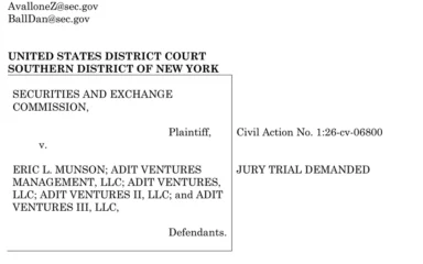 First page of the SEC complaint against Eric Munson, Adit Ventures Management and affiliated general partners.