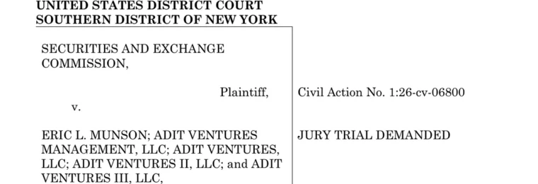 First page of the SEC complaint against Eric Munson, Adit Ventures Management and affiliated general partners.