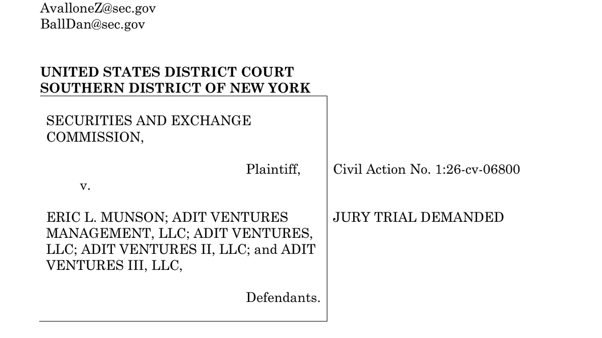 First page of the SEC complaint against Eric Munson, Adit Ventures Management and affiliated general partners.