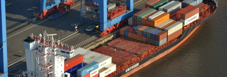 Container ship at Container Terminal Altenwerder in the Port of Hamburg, Germany.