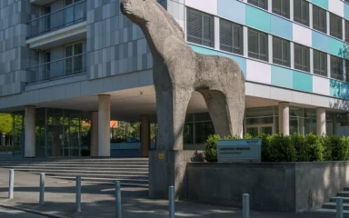 Horse sculpture and Federal Statistical Office building in Wiesbaden, Germany.