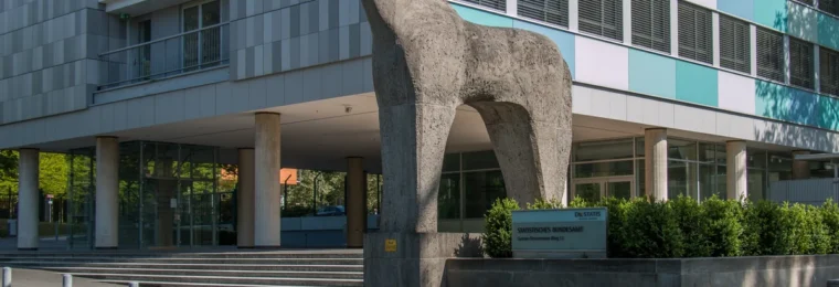 Horse sculpture and Federal Statistical Office building in Wiesbaden, Germany.