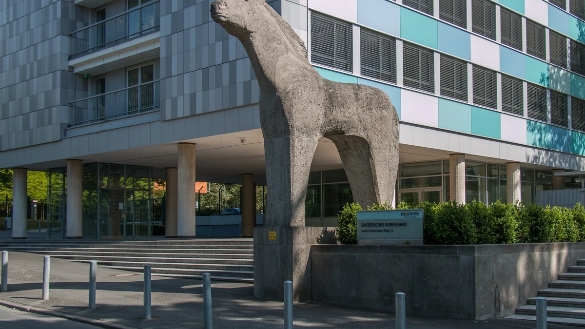 Horse sculpture and Federal Statistical Office building in Wiesbaden, Germany.