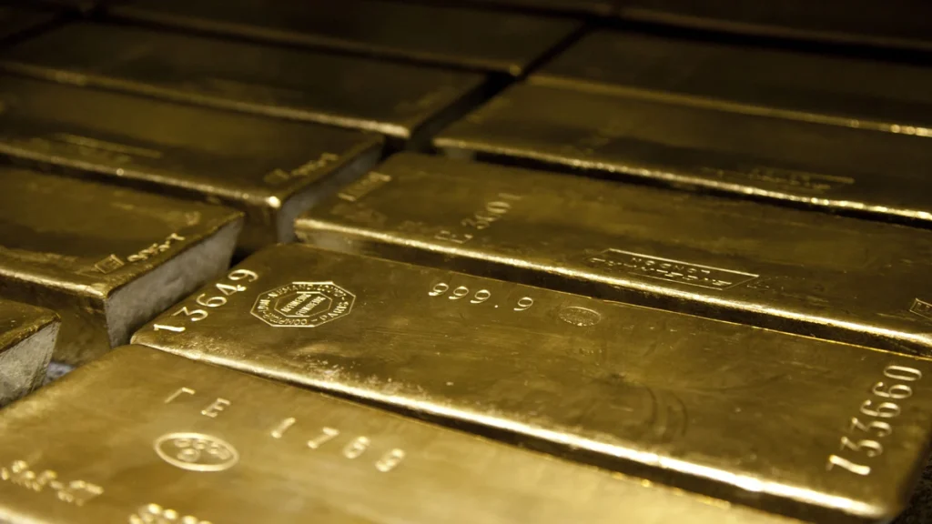 Close-up of four-nines fine 400-ounce gold bars.