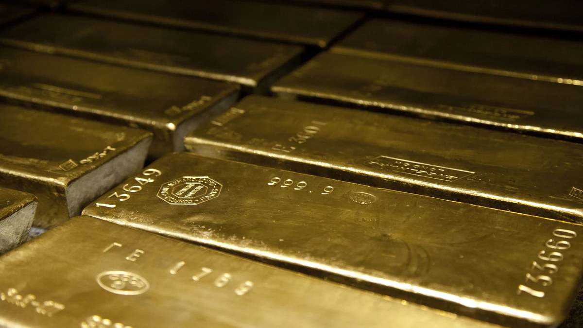 Close-up of four-nines fine 400-ounce gold bars.