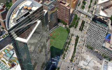 Goldman Sachs headquarters at 200 West Street in Manhattan, seen from above.