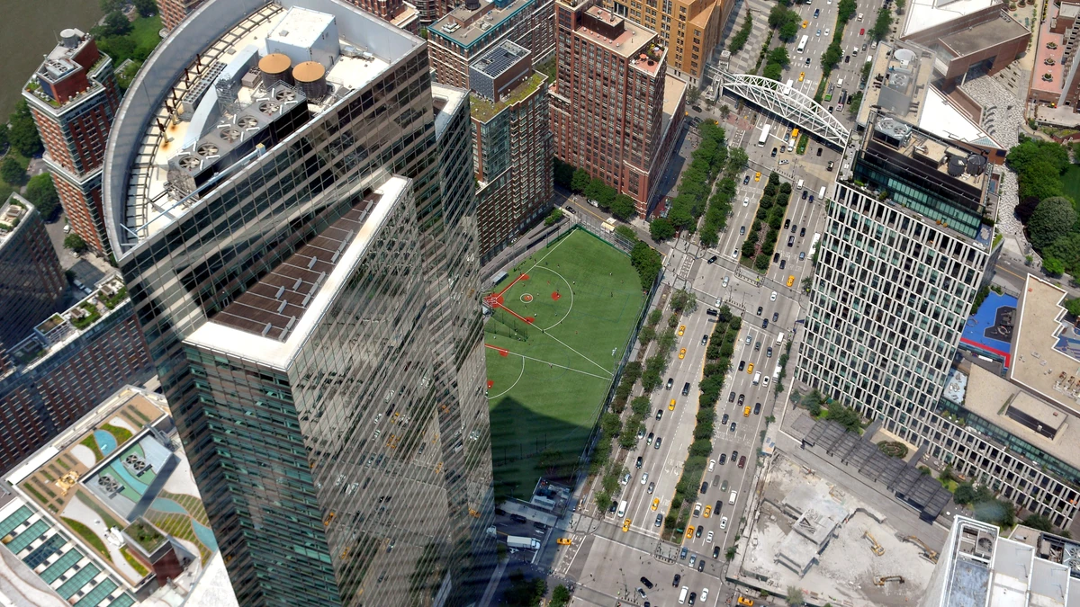 Goldman Sachs headquarters at 200 West Street in Manhattan, seen from above.