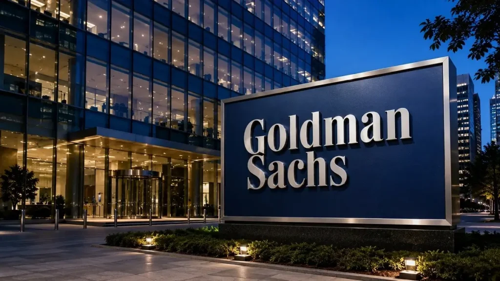 Editorial illustration of a Goldman Sachs sign outside a modern office building.