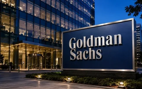 Editorial illustration of a Goldman Sachs sign outside a modern office building.