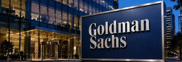 Editorial illustration of a Goldman Sachs sign outside a modern office building.
