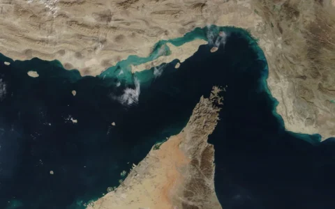 Satellite view of the Strait of Hormuz between Iran and the Musandam Peninsula.
