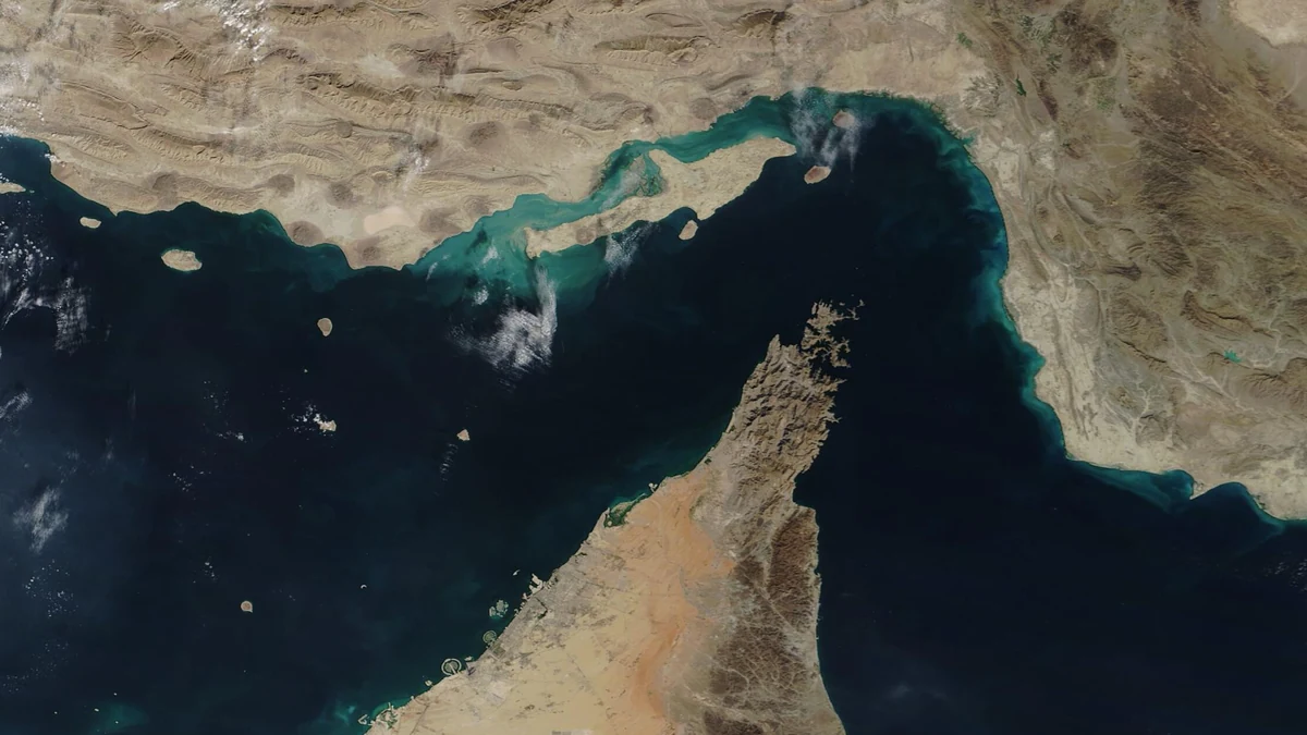 Satellite view of the Strait of Hormuz between Iran and the Musandam Peninsula.