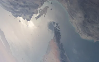 Satellite photograph of the Strait of Hormuz between Iran and the United Arab Emirates.