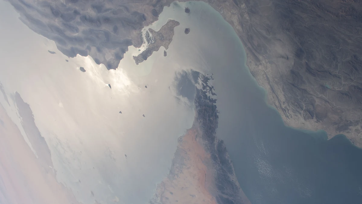 Satellite photograph of the Strait of Hormuz between Iran and the United Arab Emirates.