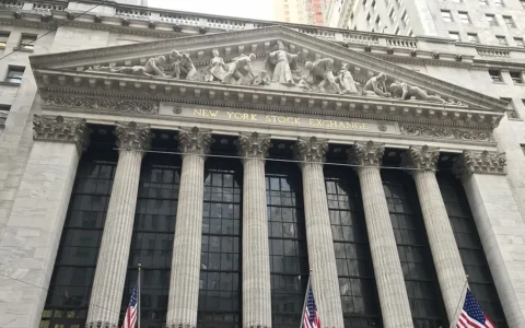 Facade of the New York Stock Exchange building on Broad Street in New York City.