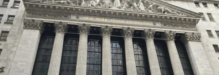 Facade of the New York Stock Exchange building on Broad Street in New York City.