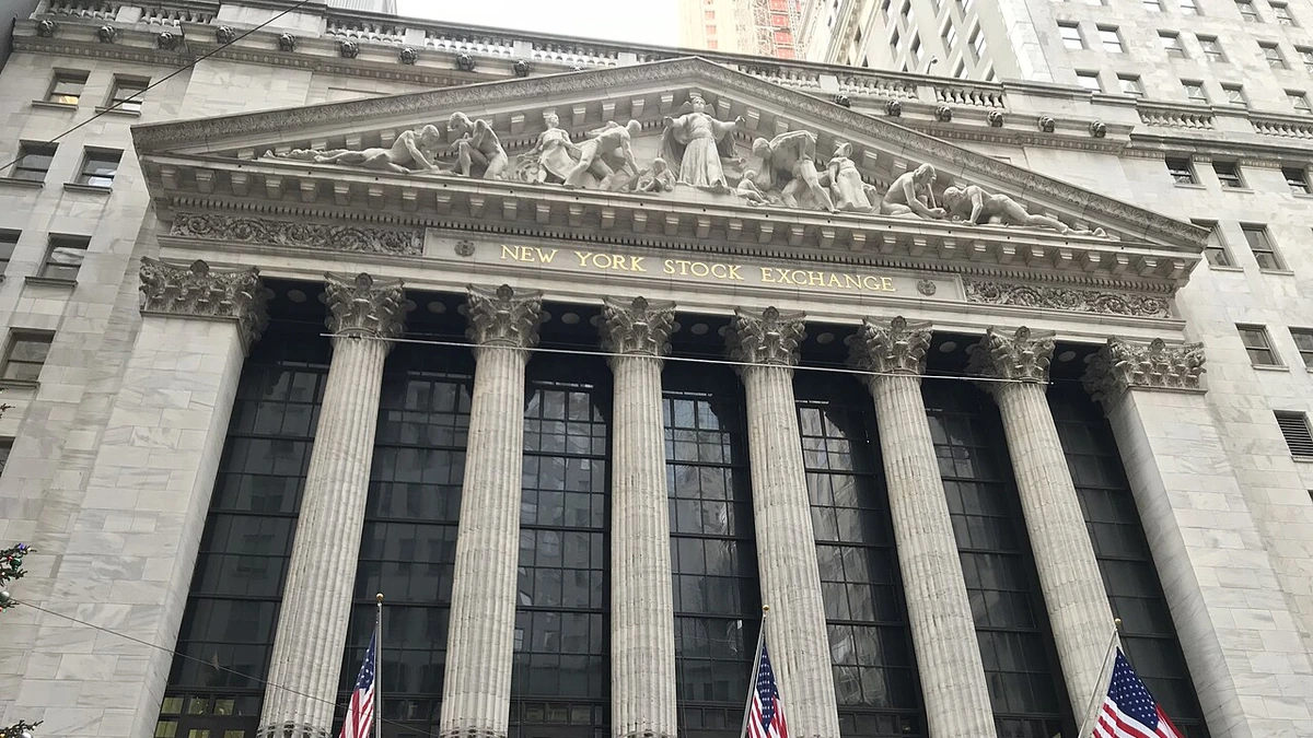 Facade of the New York Stock Exchange building on Broad Street in New York City.
