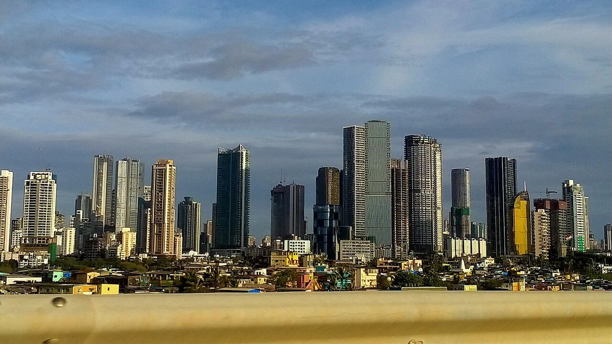 Mumbai skyline with high-rise buildings along the city waterfront.
