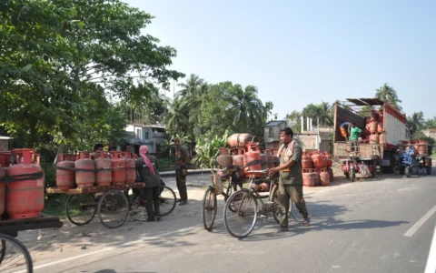 LPG cylinders being distributed along Kalyani Expressway in West Bengal, India.