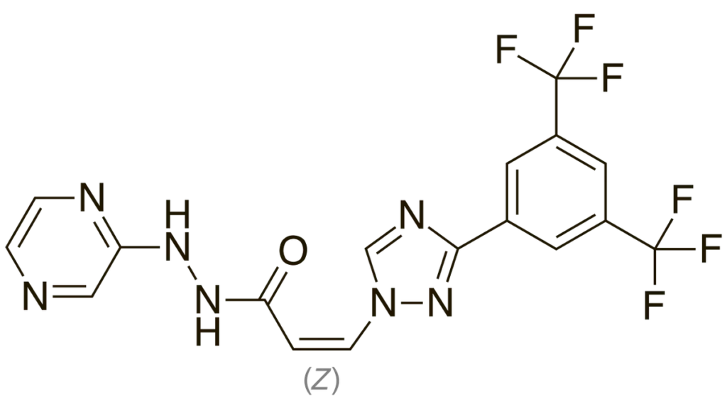 Skeletal structural formula of selinexor, the active ingredient in XPOVIO.