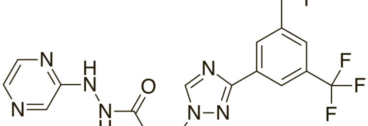 Skeletal structural formula of selinexor, the active ingredient in XPOVIO.