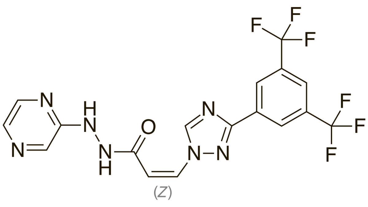 Skeletal structural formula of selinexor, the active ingredient in XPOVIO.