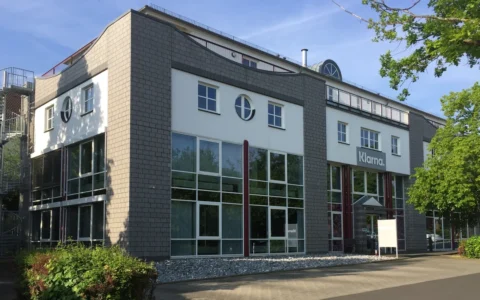 Former Klarna and Sofort office building in Linden, Germany, with Klarna signage.