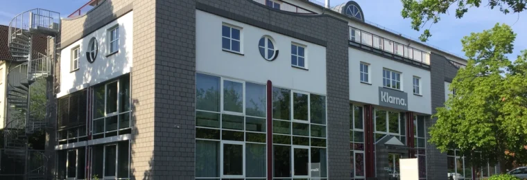 Former Klarna and Sofort office building in Linden, Germany, with Klarna signage.