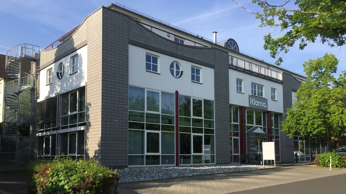 Former Klarna and Sofort office building in Linden, Germany, with Klarna signage.