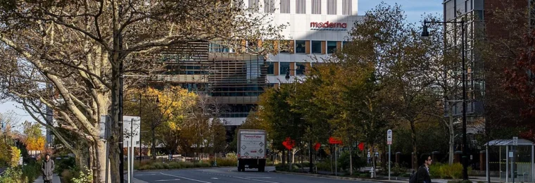 Moderna headquarters in Cambridge, Massachusetts, with the company name visible on the building.