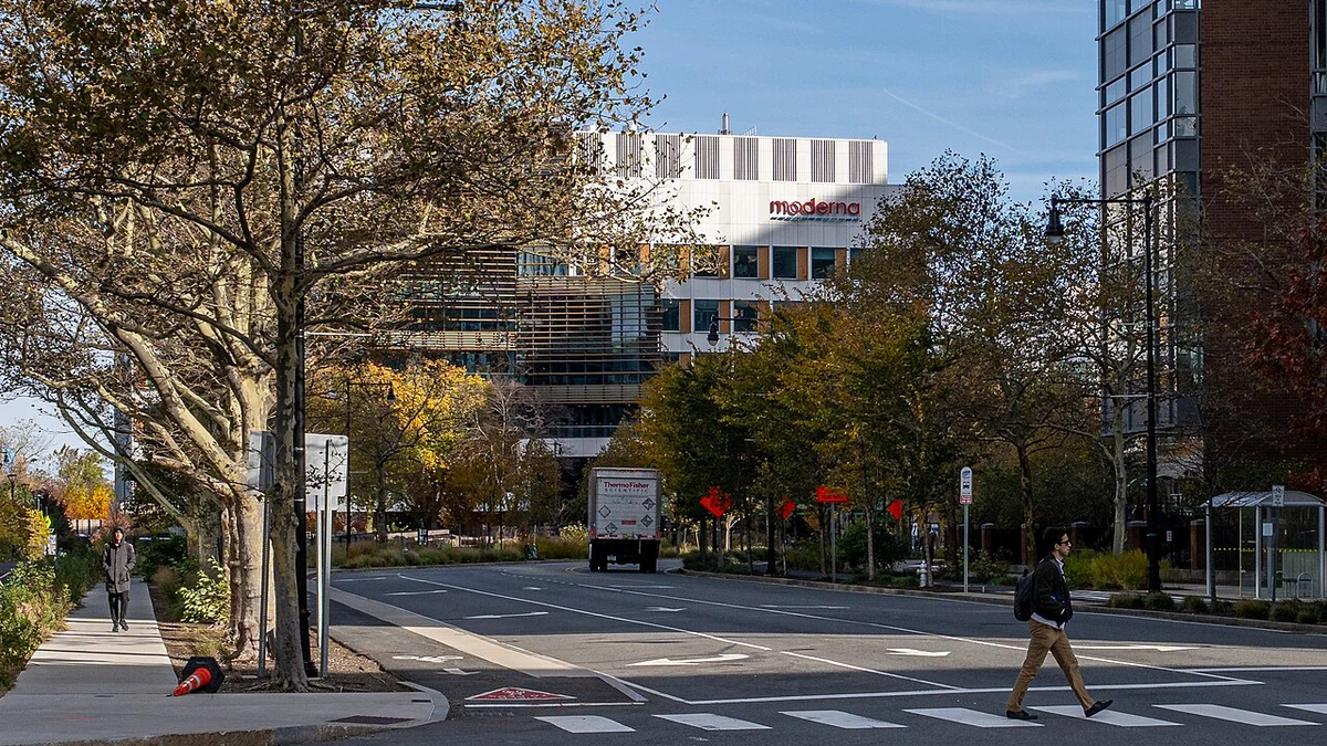 Moderna headquarters in Cambridge, Massachusetts, with the company name visible on the building.