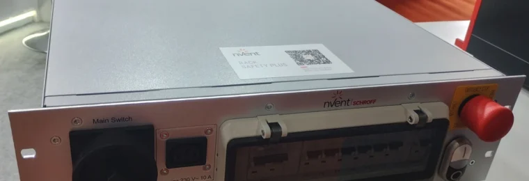 An nVent SCHROFF Rack Safety Plus unit displayed at an electronics industry exhibition.