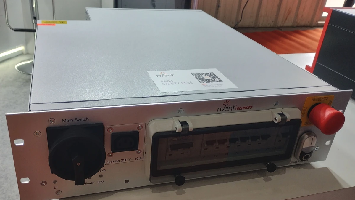 An nVent SCHROFF Rack Safety Plus unit displayed at an electronics industry exhibition.
