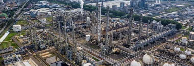 Aerial view of an oil refinery with processing units, pipelines and storage tanks in Banten, Indonesia.