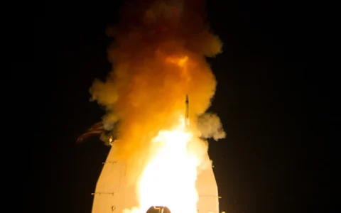 A Standard Missile-3 Block 1B interceptor launching from USS Lake Erie during a Missile Defense Agency and U.S. Navy test.