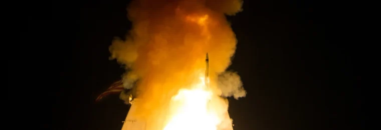A Standard Missile-3 Block 1B interceptor launching from USS Lake Erie during a Missile Defense Agency and U.S. Navy test.
