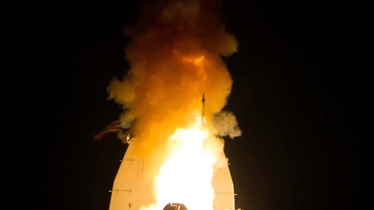 A Standard Missile-3 Block 1B interceptor launching from USS Lake Erie during a Missile Defense Agency and U.S. Navy test.