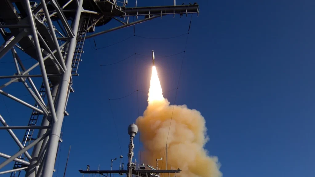 SM-3 Block IB interceptor launching from USS Lake Erie during a missile defense test.