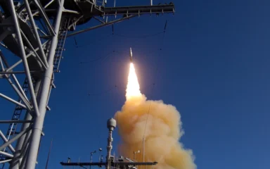 SM-3 Block IB interceptor launching from USS Lake Erie during a missile defense test.