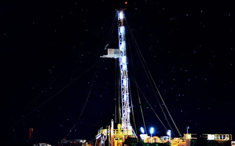 Oil drilling rig illuminated at night in Añelo, Neuquén Province, Argentina.