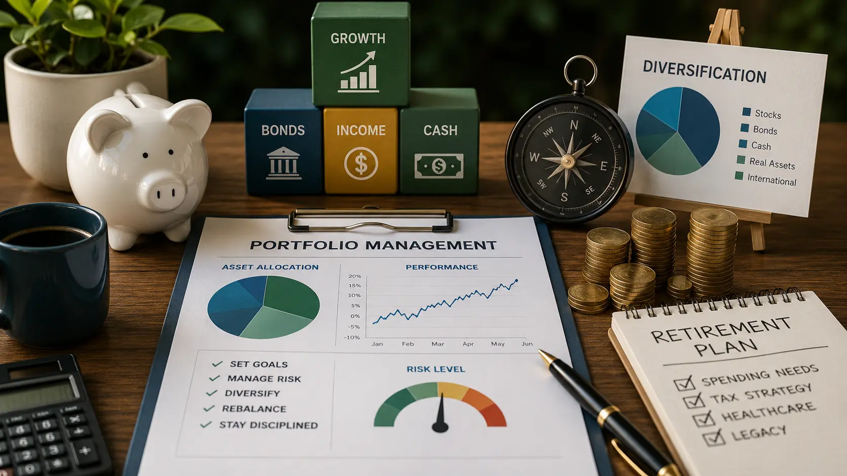 Editorial illustration of balanced retirement portfolio assets, liquidity reserves and risk control.