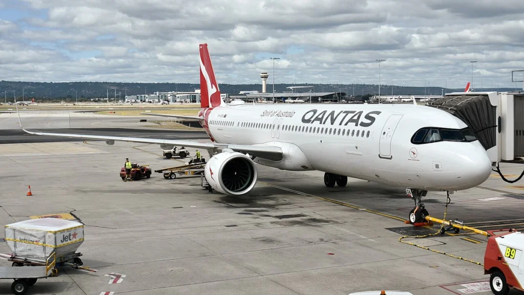 Qantas Airbus A321XLR VH-OGA parked at Perth Airport in Western Australia.