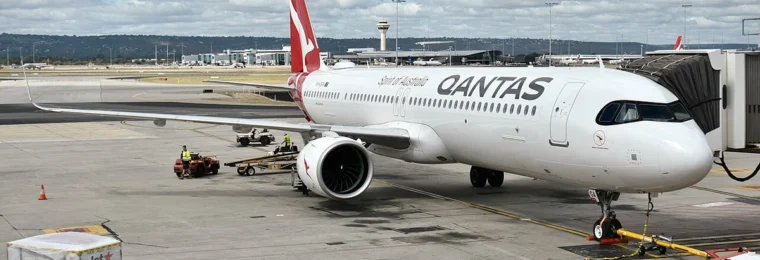 Qantas Airbus A321XLR VH-OGA parked at Perth Airport in Western Australia.